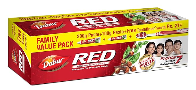 Dabur Red Ayurvedic Paste - Complete Dental Care - 200g+100g with free Binaca Tooth Brush worth Rs 21