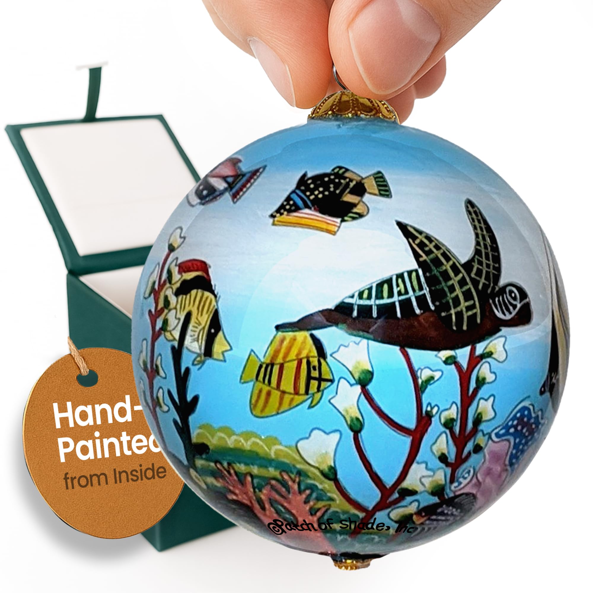 Maui By Design Collectible Hand Painted Fish and Turtle Glass Ornament with Gift Box
