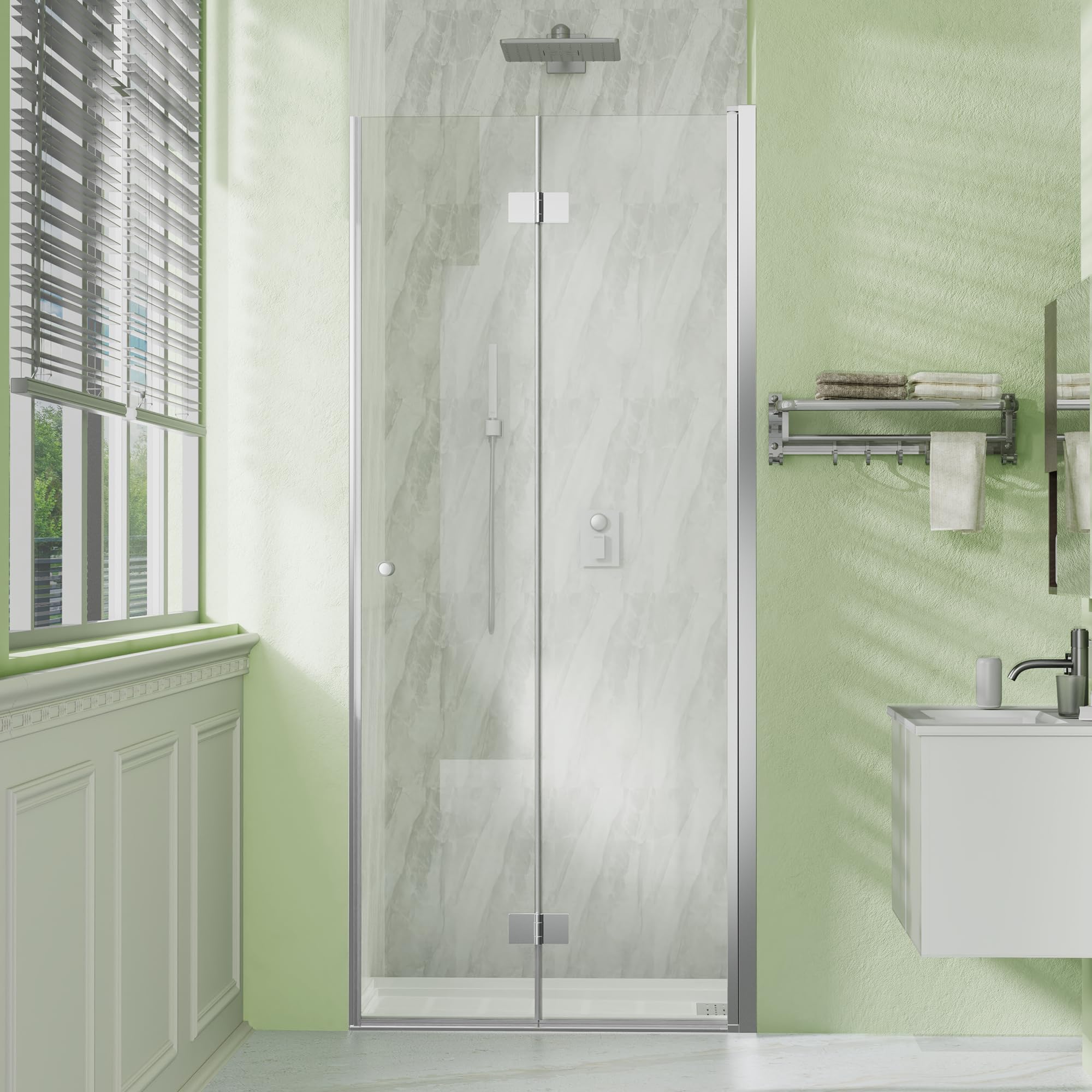 Photo 1 of ***factory sealed******Sunrosa Frameless Bifold Shower Door, 33-2/8" W x 72" H Hinged Folding Shower Door, Glass Shower Door in Chrome, Right Installation