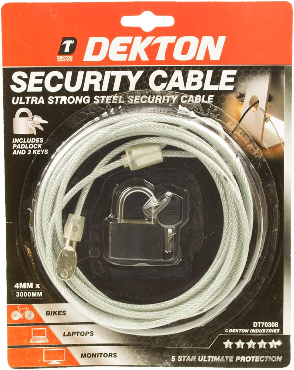 Dekton 4M x 300MM Security Steel Cable & Padlock Set, Silver