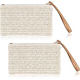 Frienda 2 Pieces Straw Clutch Purse Straw Handbag for Women Summer Beach Bag Bohemian Wristlet Bag(Beige-White)