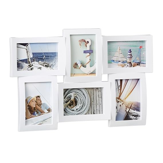 Relaxdays Bilderrahmen für mehrere Fotos, Collage für 6 Bilder, Fotorahmen in 3D-Optik, zum Hängen, 33 x 47,5 cm, weiß