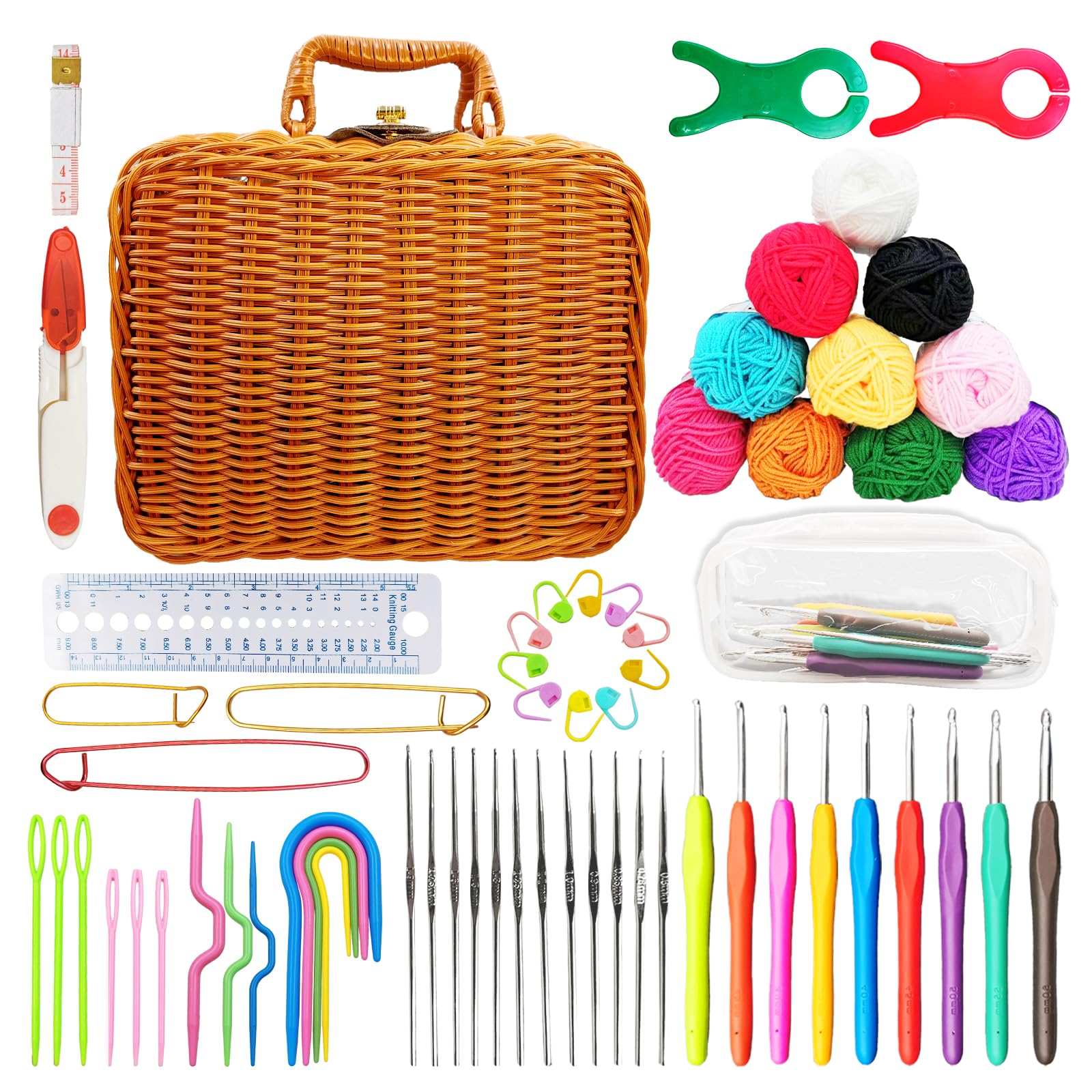 SNAIL GARDEN 64 PCS Crochet Set with Portable Rattan Retro Case,Thick Soft Cotton Yarn Crochet Starter Kit in 10 Colors,0.6mm to 6mm Metal Crochet Hooks Kit,DIY Crochet Kits for Beginners Adults