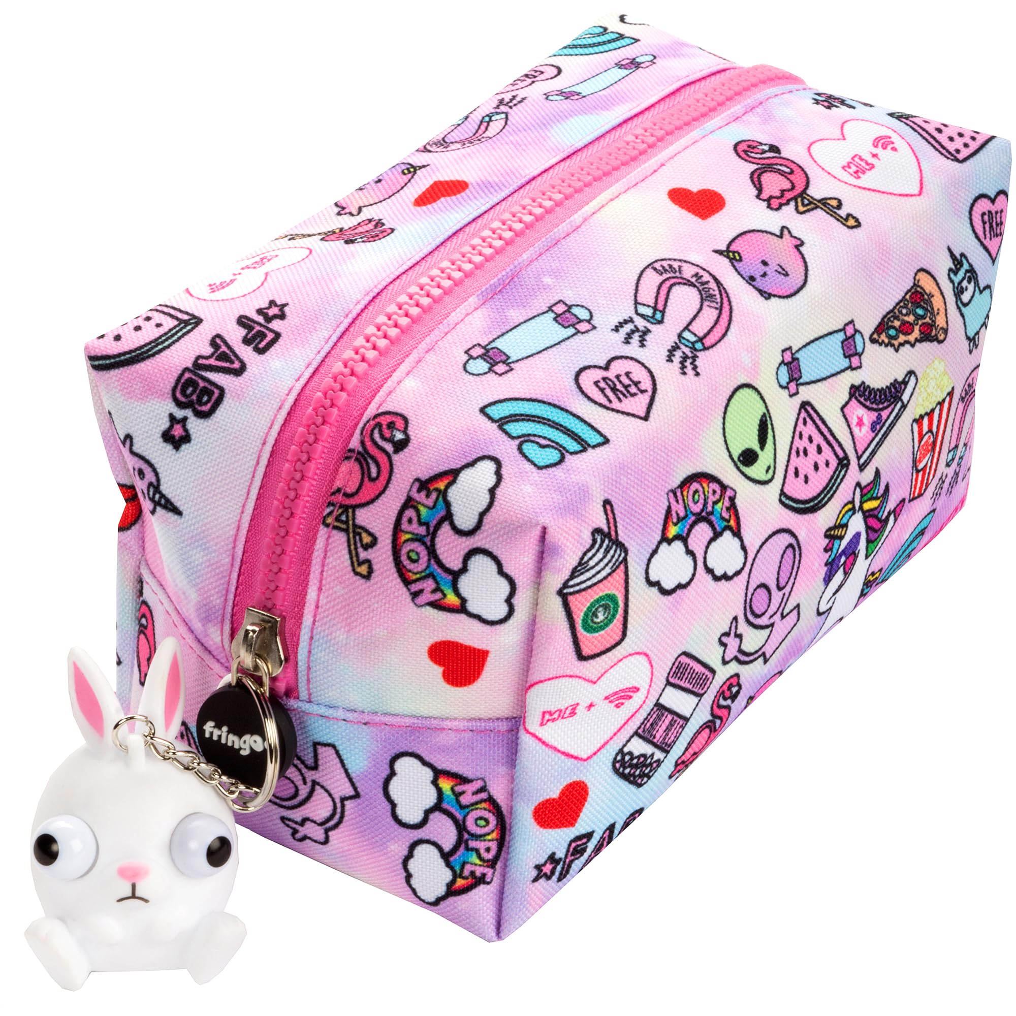 Fringoo® Large Square Pencil Case for Kids Stationery Pouch with Eye Popper Zip Puller (Teen Doodles)