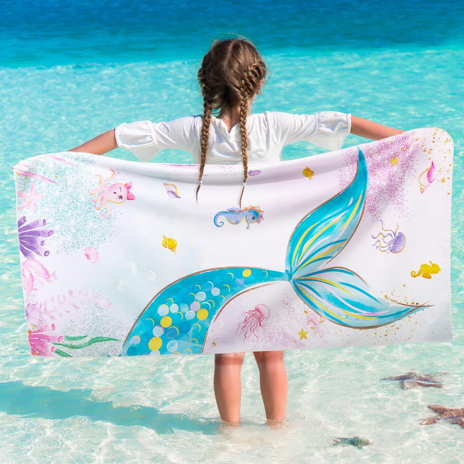 WERNNSAI Mermaid Kids Beach Towel - 76 x 150cm Microfiber Mermaid Sand Free Towels for Girls Bath Pool Camping Travel Towel Quick Dry Ultra Absorbent Super Soft Beach Blanket Bath Shower Towel — image 1