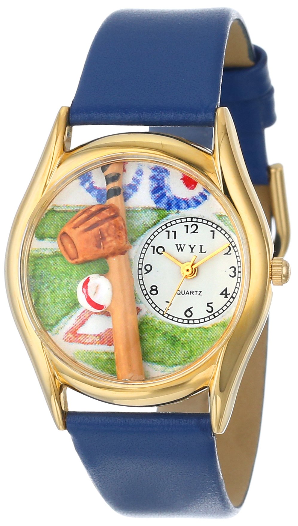 Whimsical Watches Baseball Royal Blue Leather and Goldtone Unisex Quartz Watch with White Dial Analogue Display and Multicolour Leather Strap C-0820004