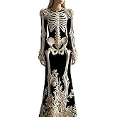 Halloween Women's Skeleton 3D Print Maxi Dress Long Sleeve Gothic Floral | Halloween Skeleton Dresses for Women Costume 3D Digital Print Floral Dress Halloween Gothic Parties Cosplay and Events