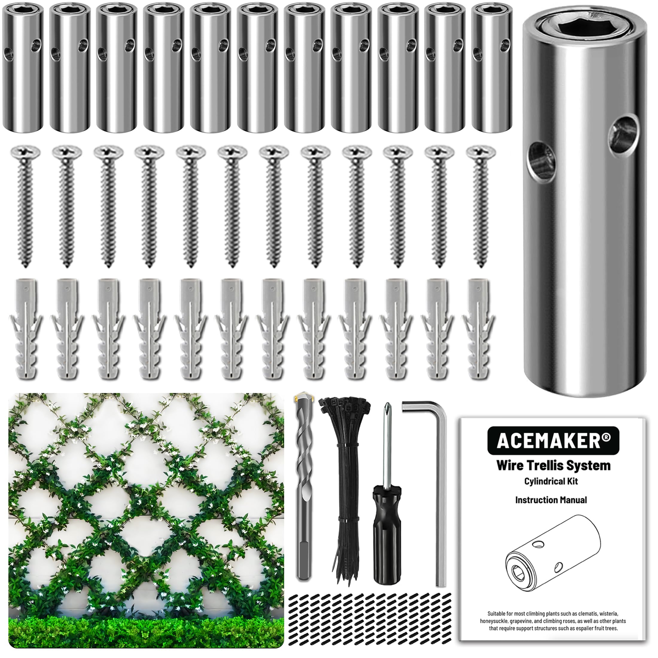 Photo 1 of Acemaker Wire Trellis for Climbing Plants Outdoor, 12-Set Wall Wire Trellis Kit, T316 Cylindrical Espalier System for Fence and Garden DIY Projects (Hubs Only, Without Cable)