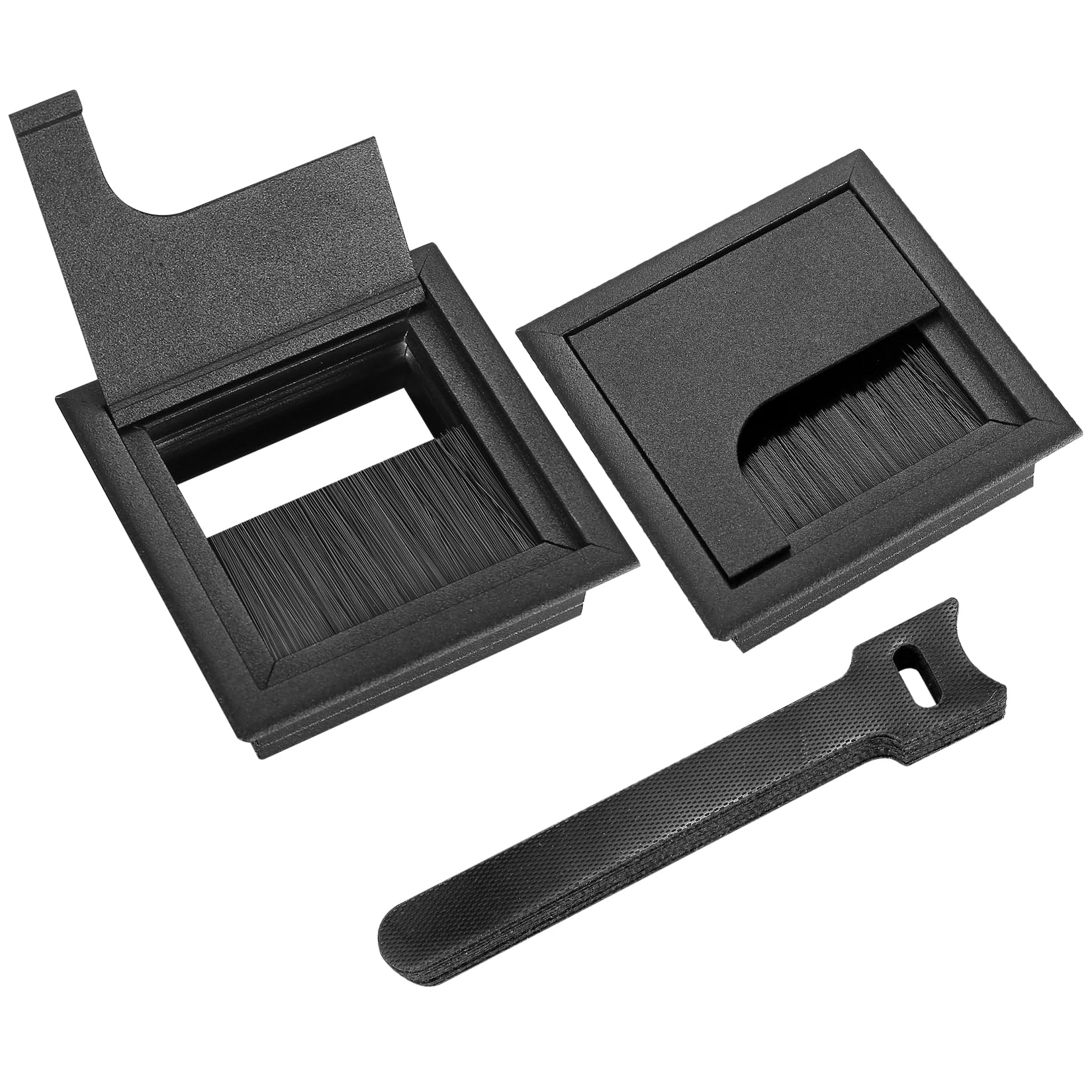 2 Pcs Desk Table Grommets, Aluminum Alloy Rectangle Cord Cable Wire Hole Covers Organizer, Cable Tidies Port Hole Covers with Brushes for Home Office Table (Black, 80x80mm)