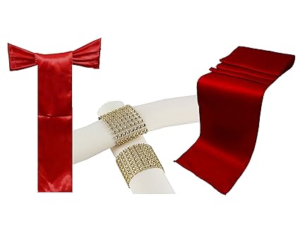 Combo Satin Pack 10 Table Runner 12x108 Inch 50 Chair Bow Sash 50 Plastic Rhinestone Napkin Rings Wedding Banquet Kitchen Homedecor