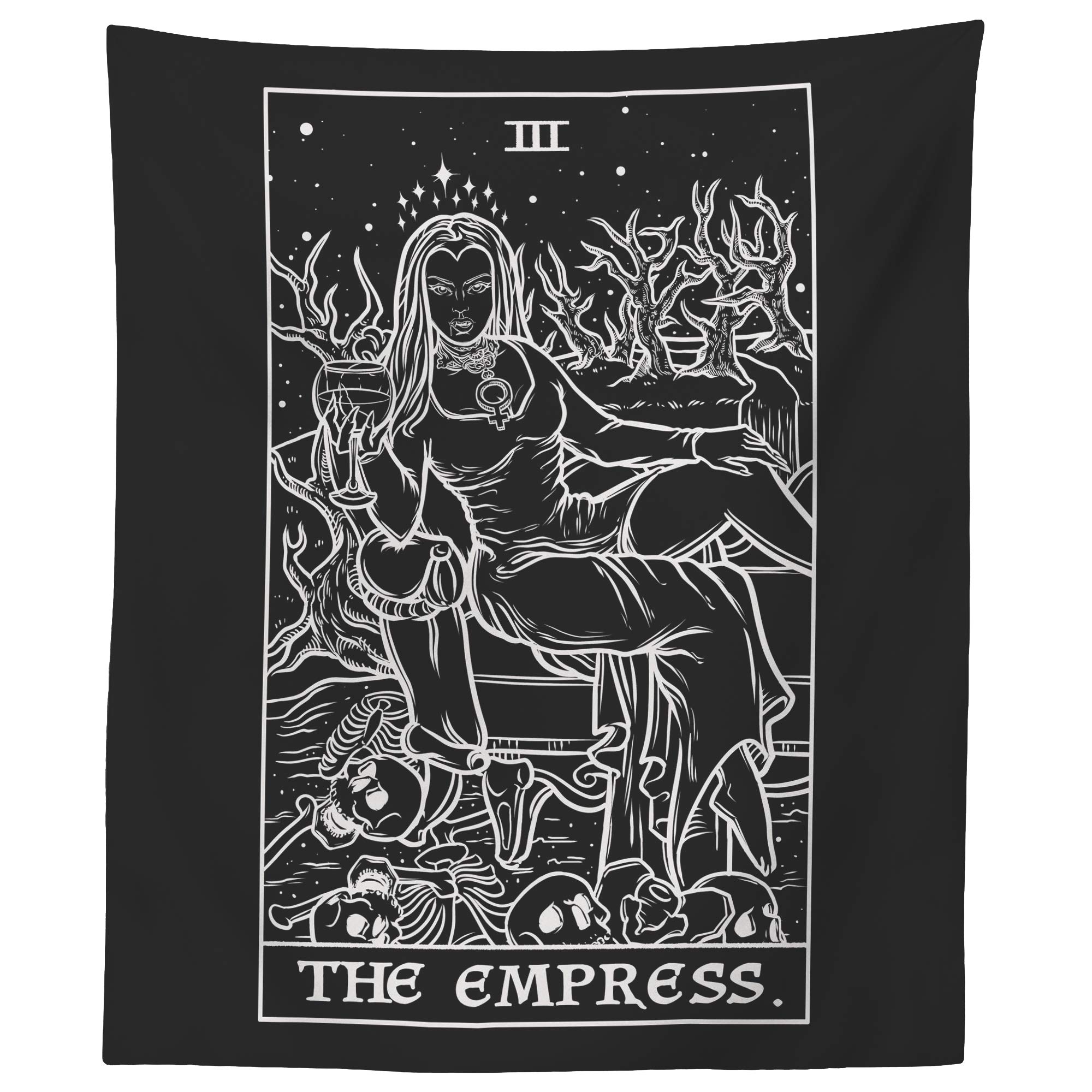 The Empress Tarot Card Tapestry (Black & White) - Female Vampire - Gothic Halloween Home Decor Wall Hanging (60" x 50")