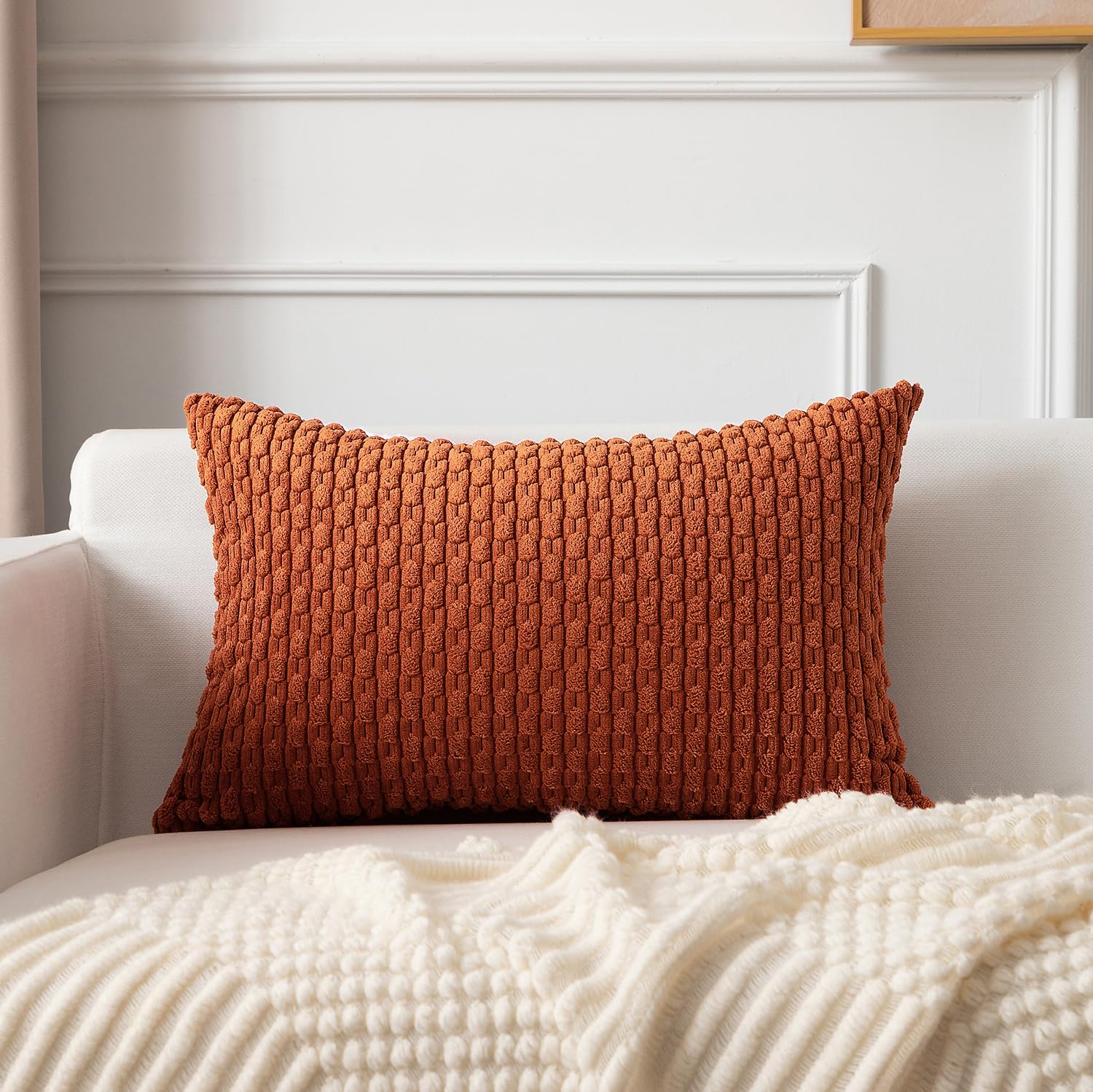 Photo 1 of Kevin Textile Fall 12x20 Inch Pillow Cover 1 Pack Boho Decorative Soft Striped Corduroy Lumbar Farmhouse Solid Color Accent Rectangle Cushion Case for Living Room Couch Sofa Bed, Rust