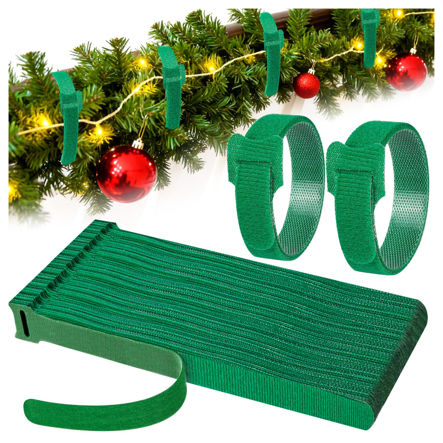 Photo 1 of 100Pcs Christmas Garland Ties, Green Hook and Loop Plant Cable Ties, 12 in Adjustable Nylon Garden Plant Cable Strap for Wreath Christmas Halloween Party Yard Wall Doorway Outdoors Decoration
