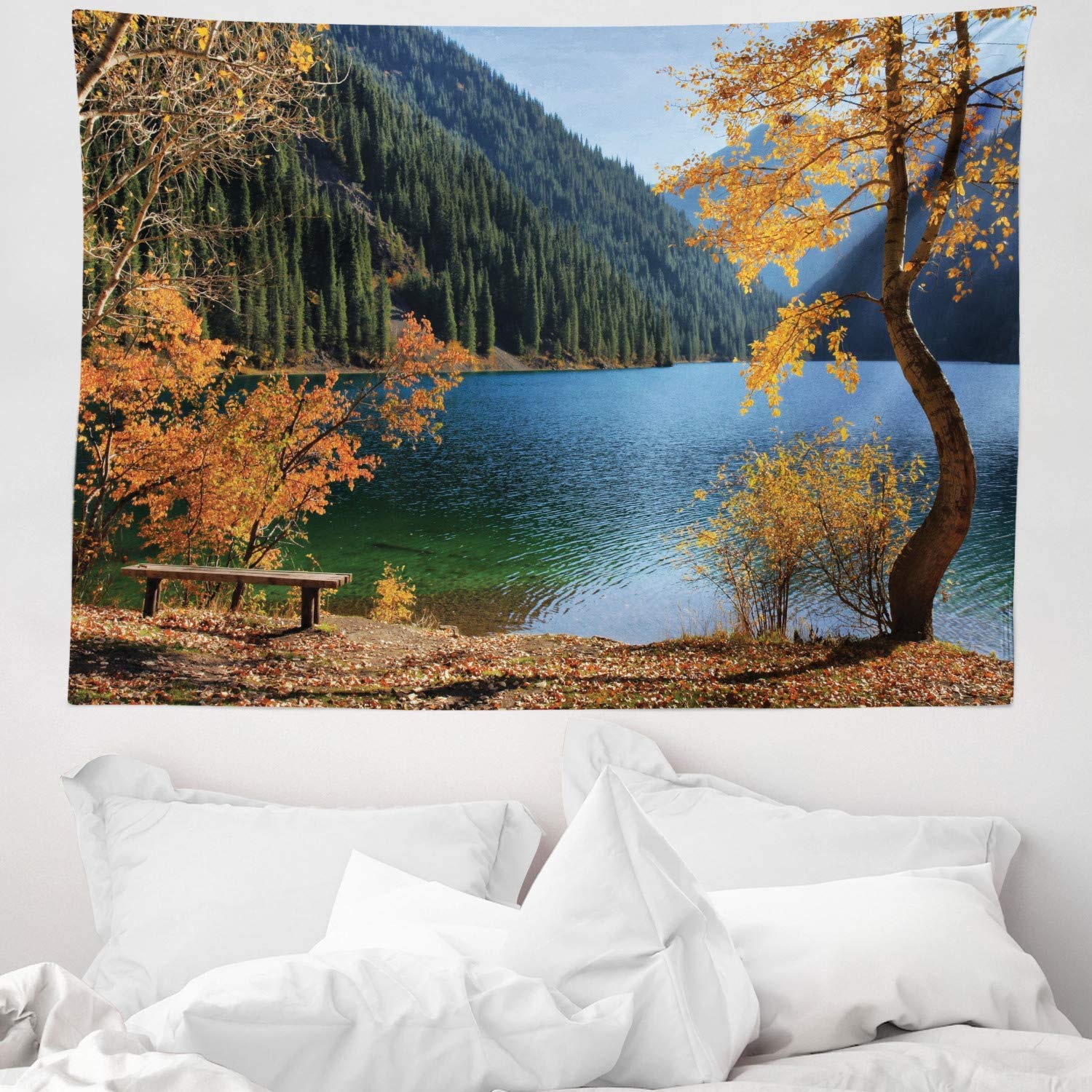 ABAKUHAUS Tree Tapestry, Autumn Season by Lake and Mountain Nature Theme Fall Trees in the Wilderness, Fabric Wall Hanging Decor for Bedroom Living Room Dorm, 58 W X 43 L, Orange Green