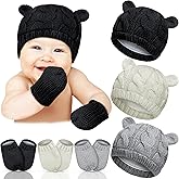 6 Pieces Baby Hats and Mitten Set Winter Newborn Unisex Beanie Hat Knitted Gloves Warm Cap Infant Toddler for Boys Girls 6 to 18 Months (Black, White, Gray)