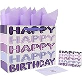 13'' Large Purple Happy Birthday Gift Bag Set with Handles, Greeting Card, Tissue Papers and Stickers for Women Girls Kids Teens, Words Design, 1 Pcs