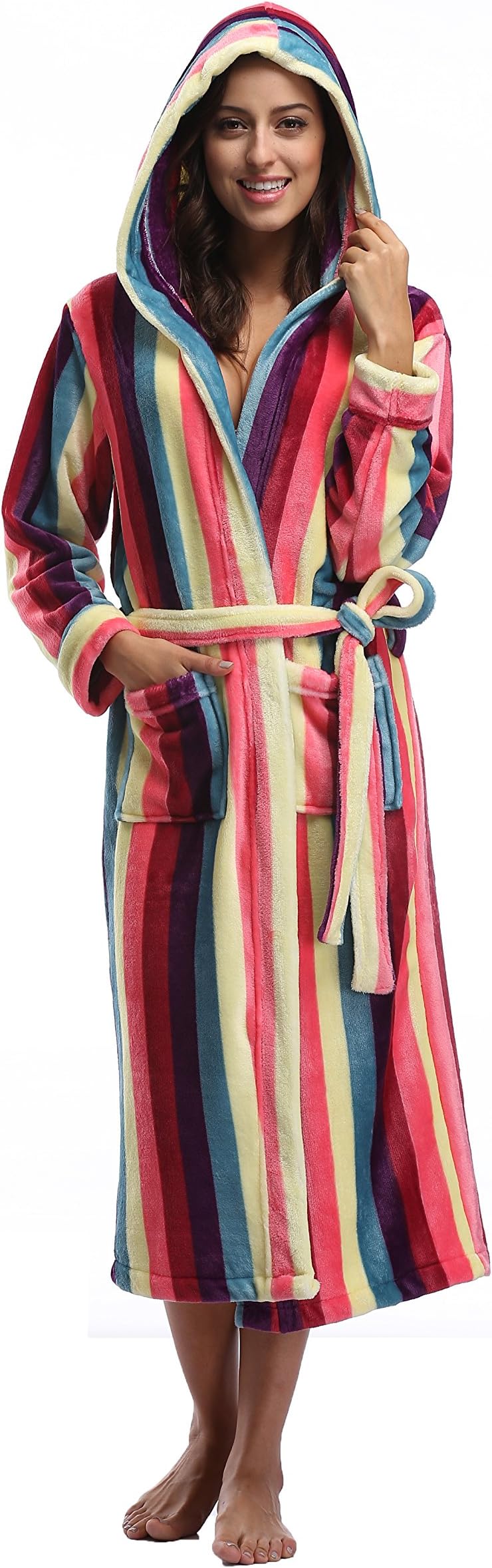 Sunnyhu Women's Cozy Hooded Long Robe, Fleece Bathrobe