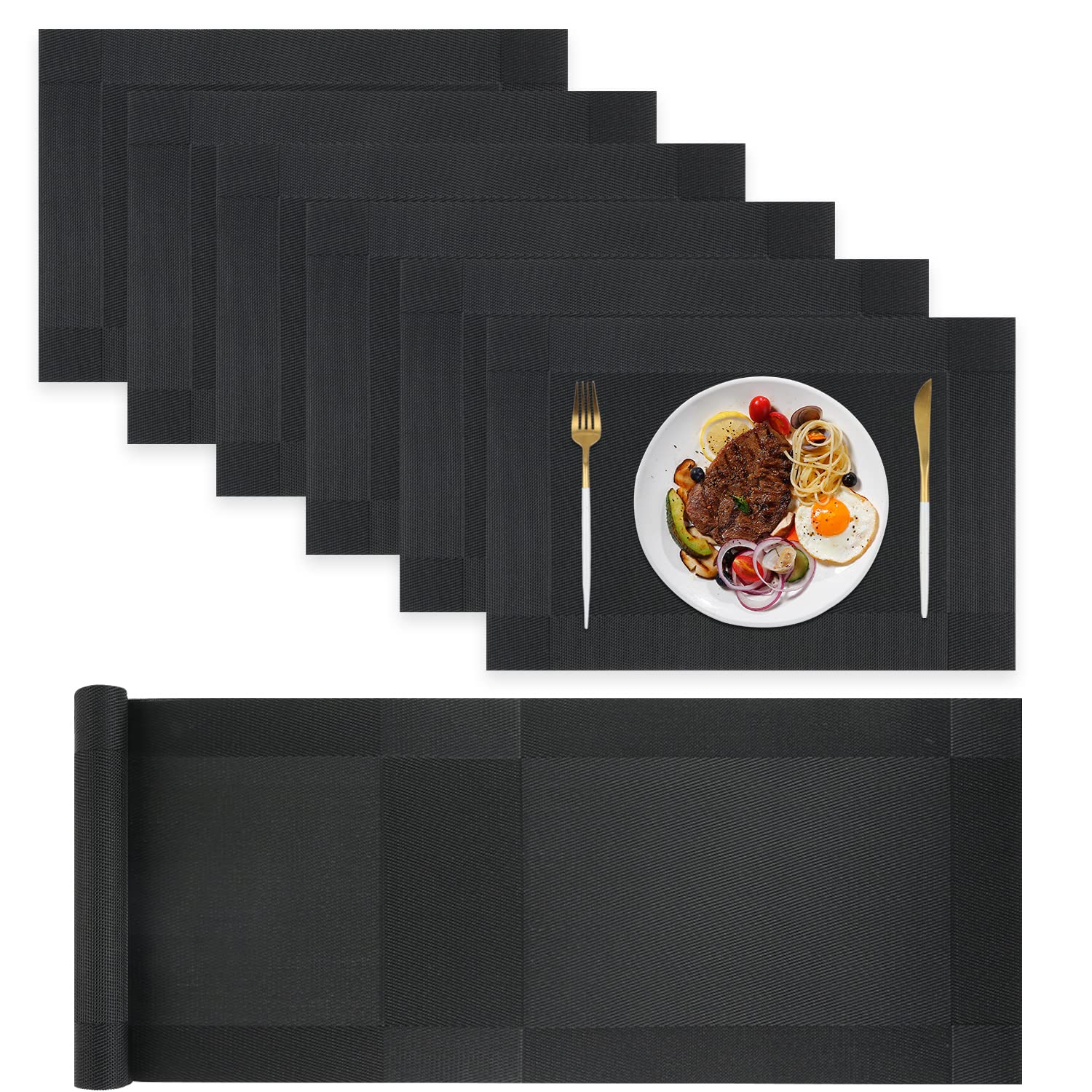 Homcomodar Table Place Mats Set of 6 with 180cm Table Runner Heat Resistant Placemats Set for Dining Tables(Black) — image 1