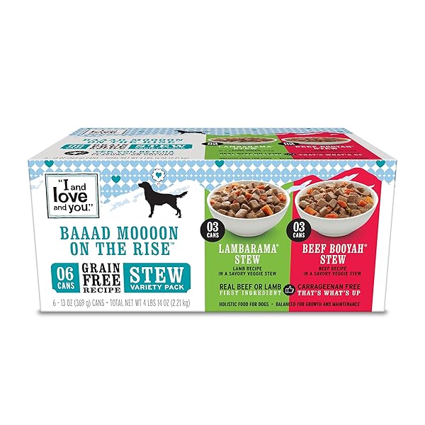 I AND LOVE AND YOU WET DOG FOOD – BAAD MOOON ON THE RISE VARIETY PACK – BEEF + LAMB, GRAIN FREE, FILLER FREE 13OZ CAN, 6PK