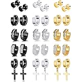 Ofeiyaa 15 Pairs Hoop Earrings Stainless Steel Dangle Hinged Earrings Hoop Huggie Earrings Barbell CZ Stud Ear Piercing Jewelry Set for Men Women Silver Black Gold Tone