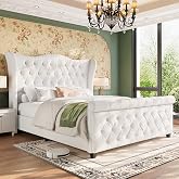 King Size Bed Frame Upholstered Wingback Headboard Sleigh Footboard | Platform Bed Wingback Headboard,Deep Button Tufted Soft Chenille,Wood Slats Support,No Box Spring Needed,Bedroom Upgrade