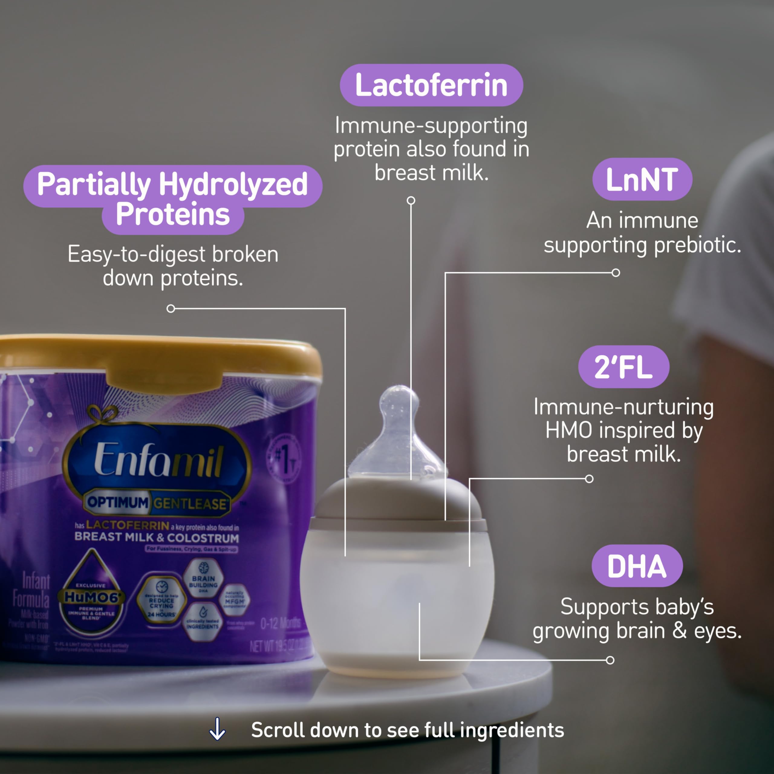 Enfamil Optimum (Enspire) Gentlease, Our Closest Formula to Breast Milk, Immune-Supporting Lactoferrin and Brain-Supporting DHA Baby Formula - Powder 19.5 Oz Tub