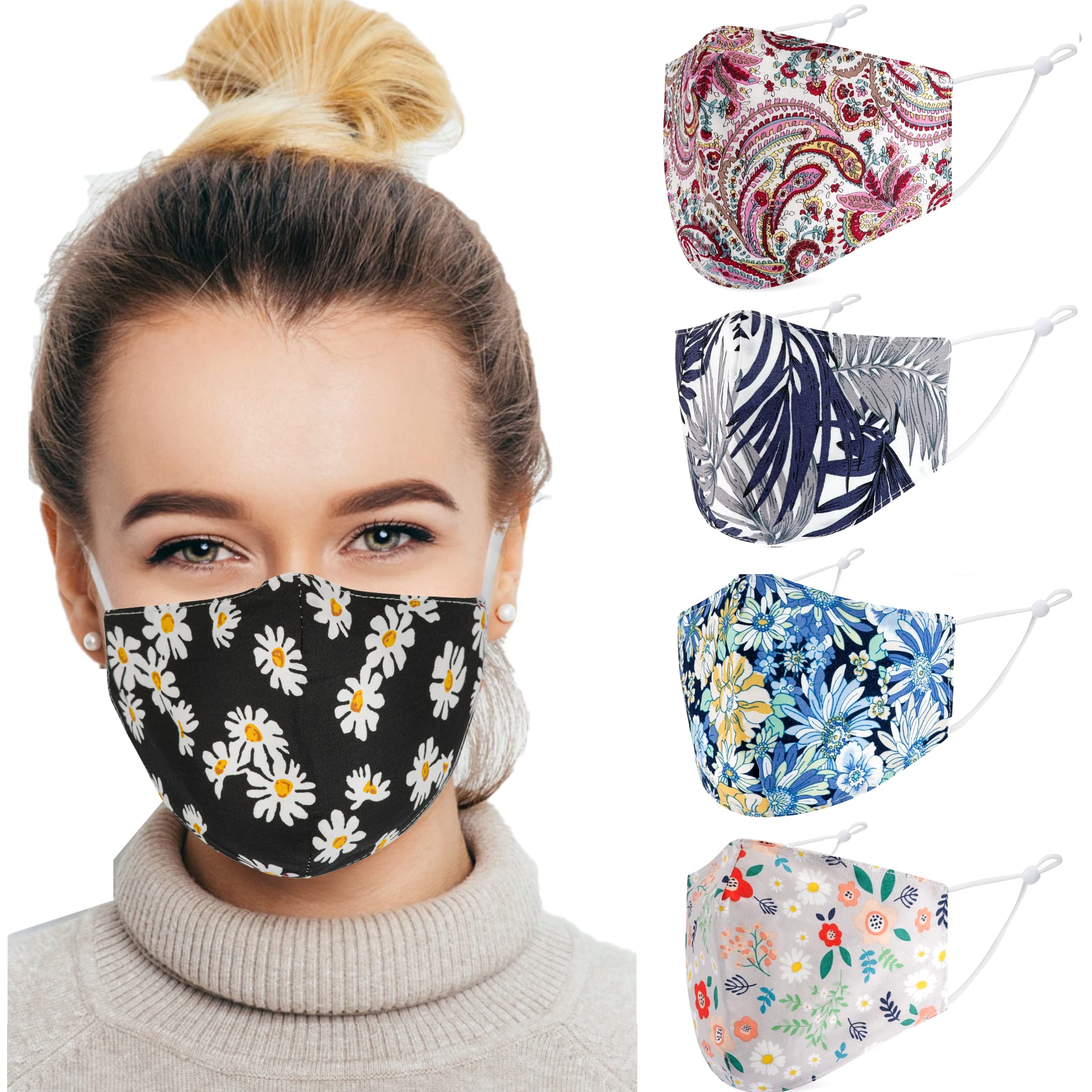 ecotru 5 Pack Reusable Face Masks UK | Washable, Nose Wire for Glass Wearers, 3-Ply Cotton Fabric Mask, Filter Pocket & Adjustable Straps | Pretty Facemask Coverings