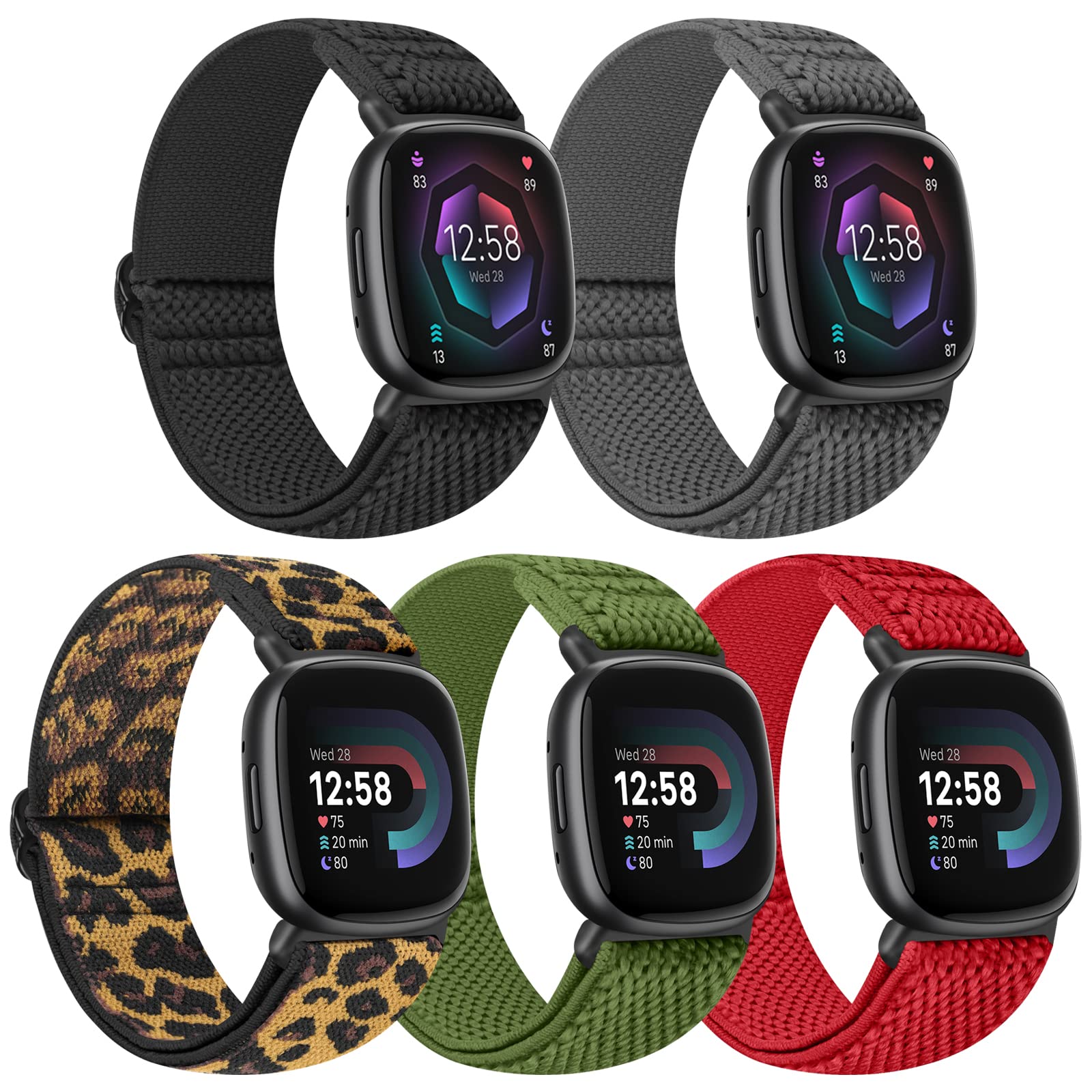 Tiptops 5 Pack Straps Compatible for Fitbit Versa 4/Fitbit Sense 2 Straps/Fitbit Versa 3/Fitbit Sense Bands Men Women, Adjustable Comfortable Loop Nylon Sports Replacement Stretchy Bands — image 1