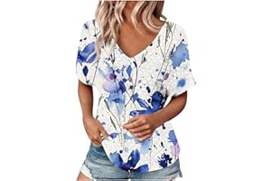HINVHAI Eyelet Tops for Women 2024 Summer Fashion V-Neck Knit Jacquard Short Sleeve Shirts Loose Comfy Blouse Tee Tunic Tops