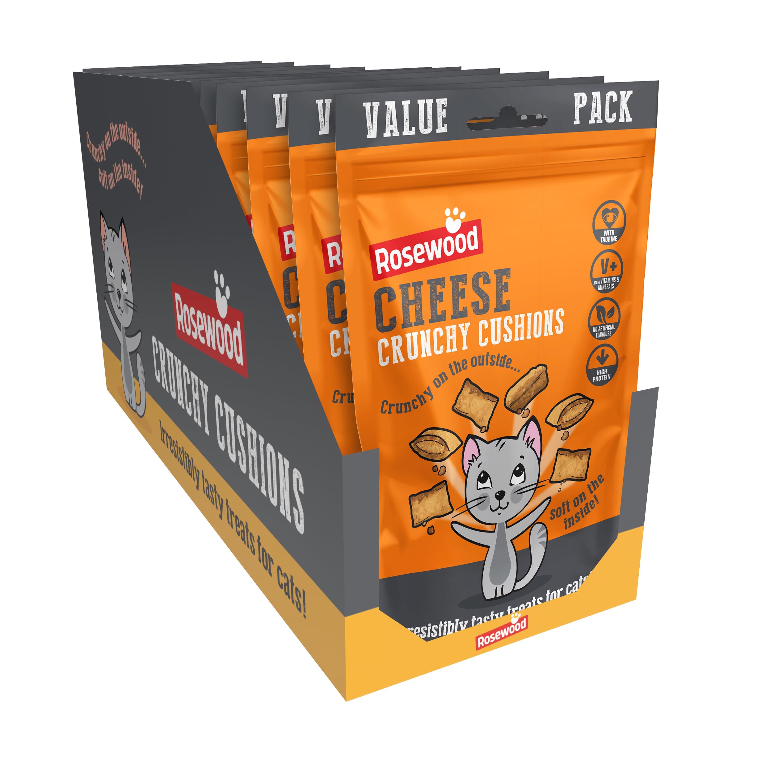 Rosewood Daily Eats Cheese Crunchy Cushions for Cats - Extra Large Value Pack, Tasty Cat Treats with Taurine, Added Vitamins and Minerals, Small Bite Sized Cat Snacks (10 x 200g)