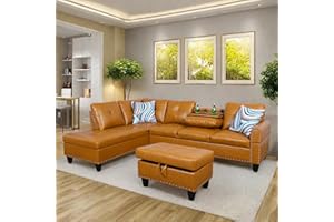 GlasFlength L Shaped Sectional Sofa with Ottoman, Nail-Head Design Leather Right Facing Modern Couches with Cup Holder for Living Room, Bedroom, Office, Ginger