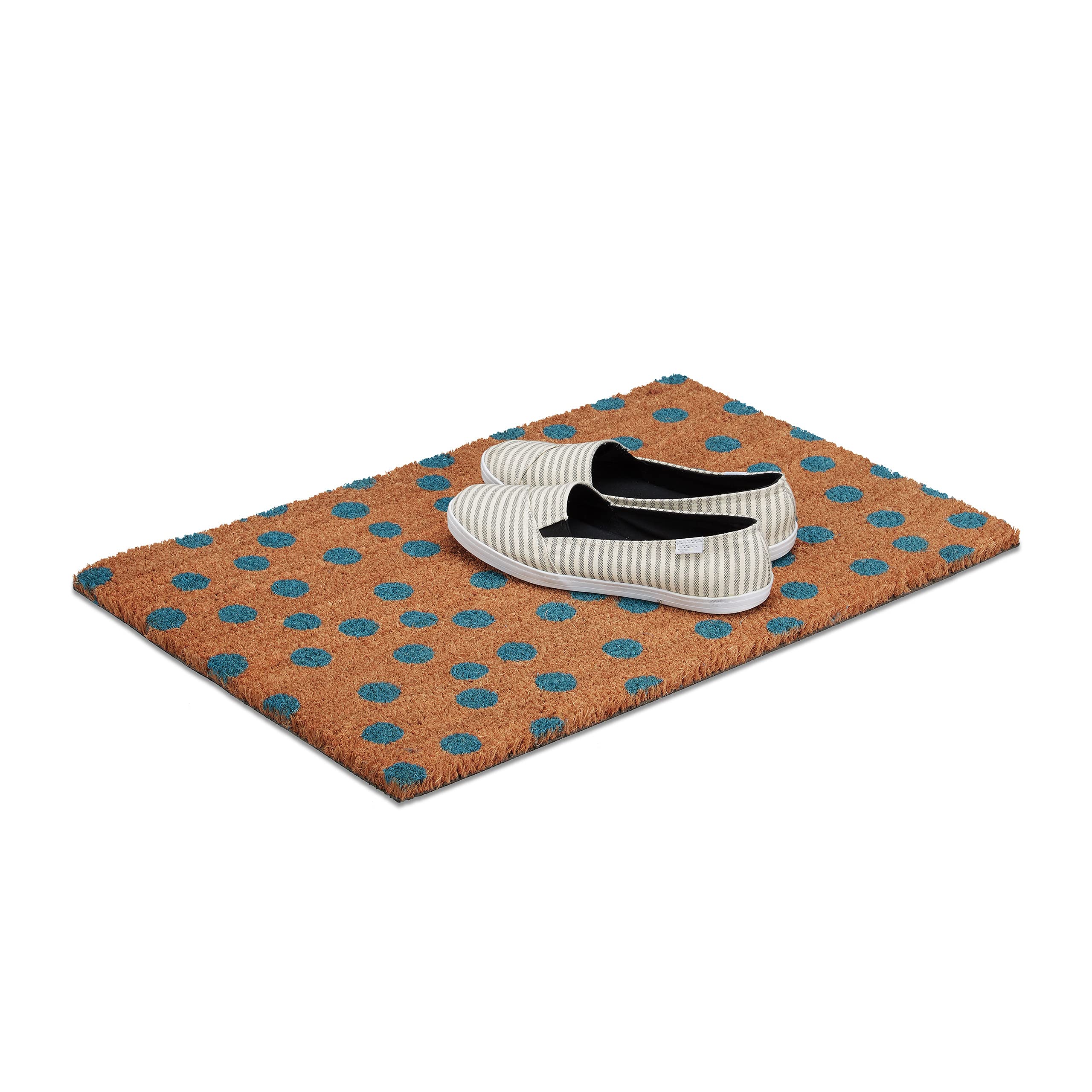 Relaxdays Coir Doormat with Spots, HxWxD: 1.5 x 60 x 40 cm, Spotted, Non-Slip, Rectangular, Coconut Fibres, Rubber, Natural Brown-Blue