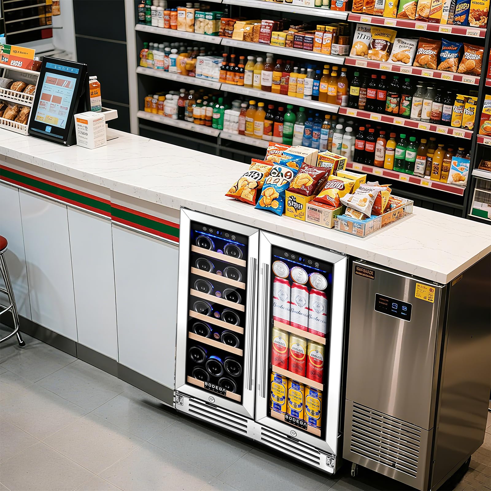 BODEGA 24 Inch Wine and Beverage Refrigerator, Dual Zone Wine and Bar Beverage Cooler, Commercial Black Bar Cooler With 2 Glass Doors, Bar Fridge Hold 19 Bottles and 57 Cans,Built-In or Freestanding.