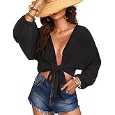 Women's Swimwear Cover Ups Tops Tunic Self-tie Swimsuit Bikini Bathing Suit Long Sleeve Soft Beach Shirt for Women
