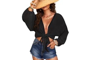 EICOLORTE Women's Swimwear Cover Ups Tops Tunic Self-tie Swimsuit Bikini Bathing Suit Long Sleeve Soft Beach Shirt for Women
