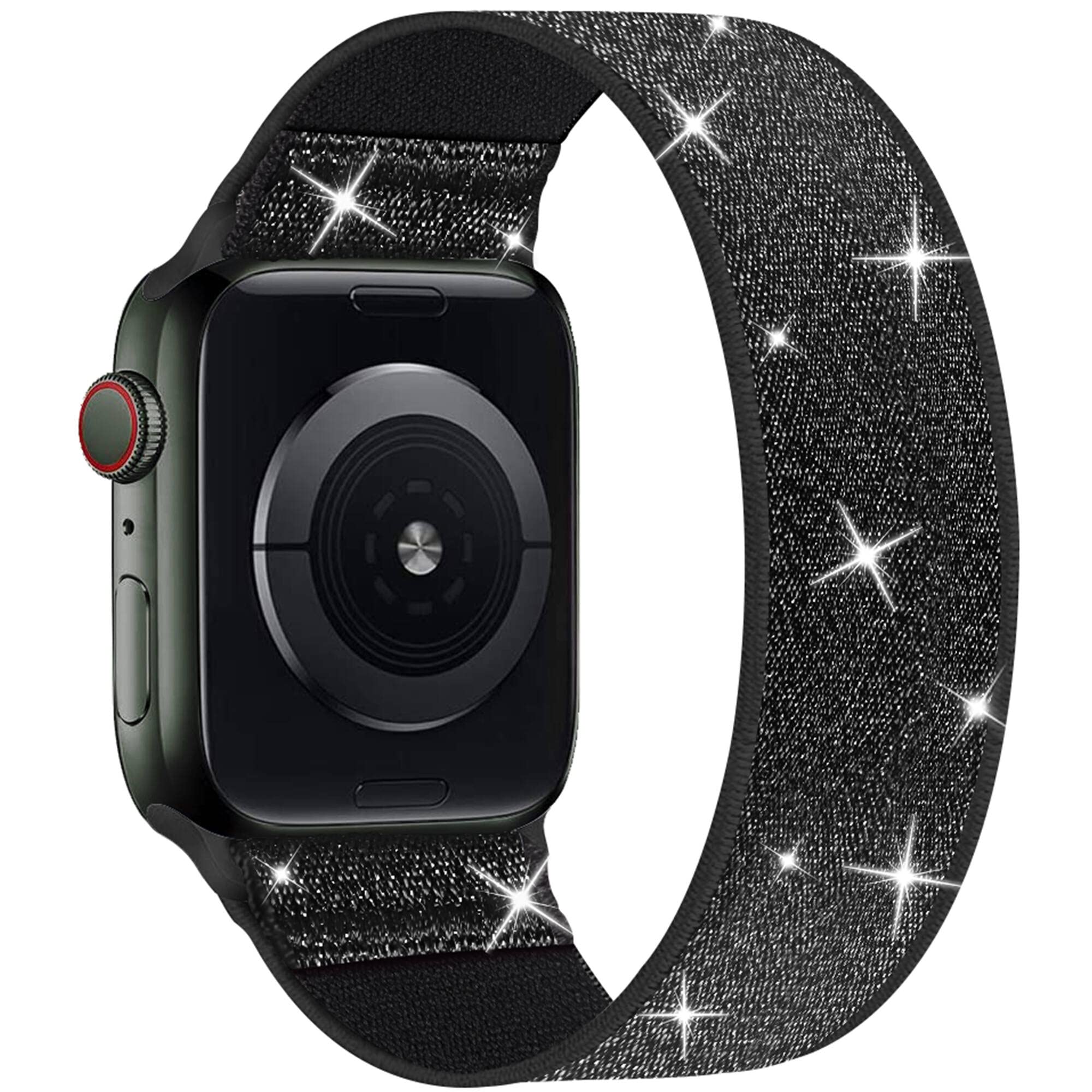 ENJINER Dehnbare Nylon-Solo-Armbänder, kompatibel mit Apple Watch, 38 mm, 40 mm, 41 mm, 42 mm, 44 mm, 45 mm, 49 mm, ohne Schnallen Armband, Schienbein. ing glitter black 38/40/41mm xs