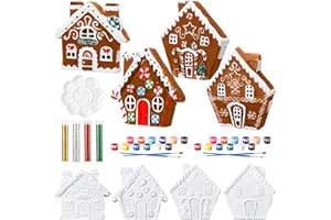 Poen Set of 4 Ceramic Christmas Gingerbread House Paint Craft Kit Unpainted Ceramics Plaster Keepsake with Painting Set for Adults Christmas Holiday Party DIY Art Project Decor Paint Brushes Included