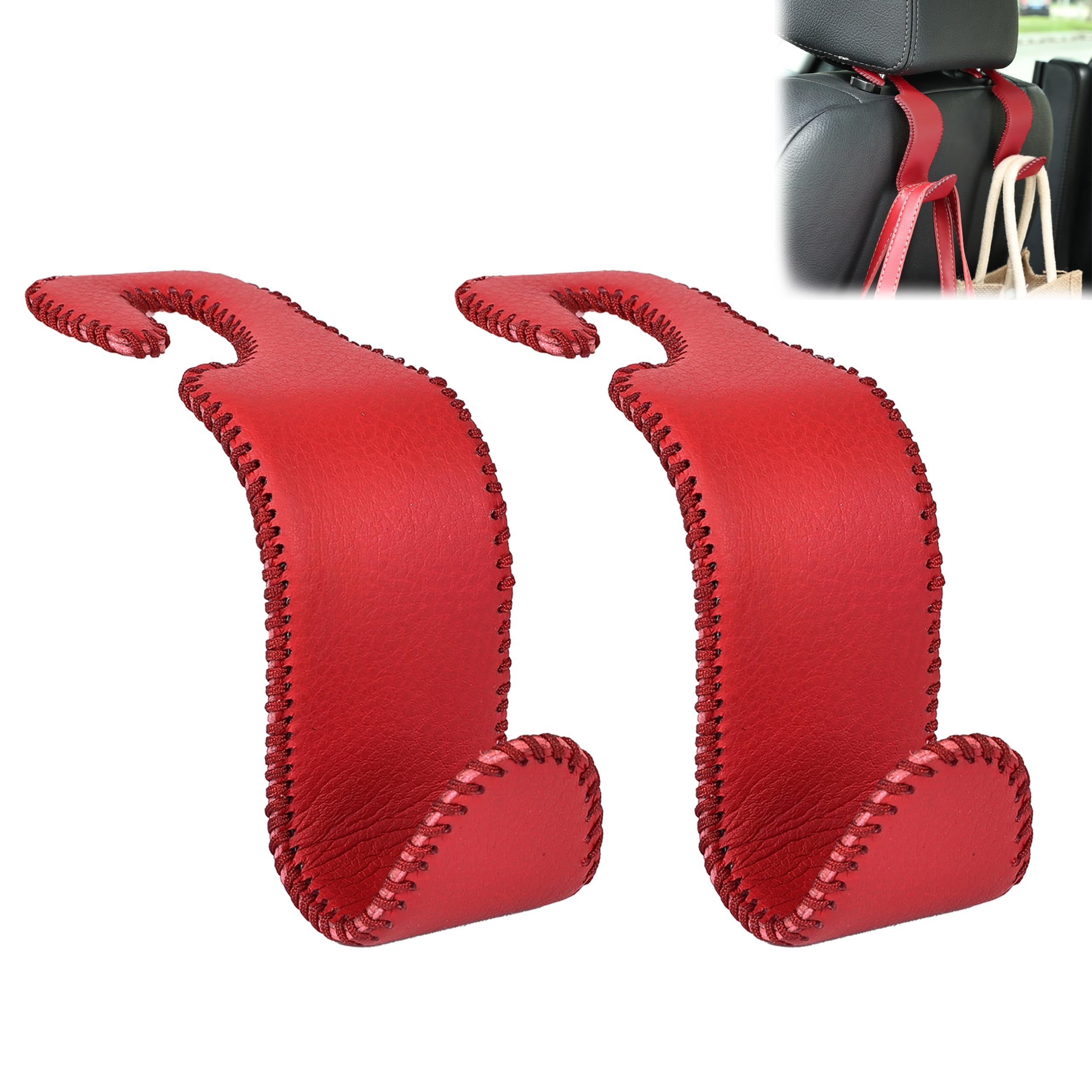 Photo 1 of Amooca Car Seat Headrest Hook Universal Vehicle Storage Hanger Leather with Metal Car Seat Back Organizer for Handbag Purse Coat Wine 2 Pack