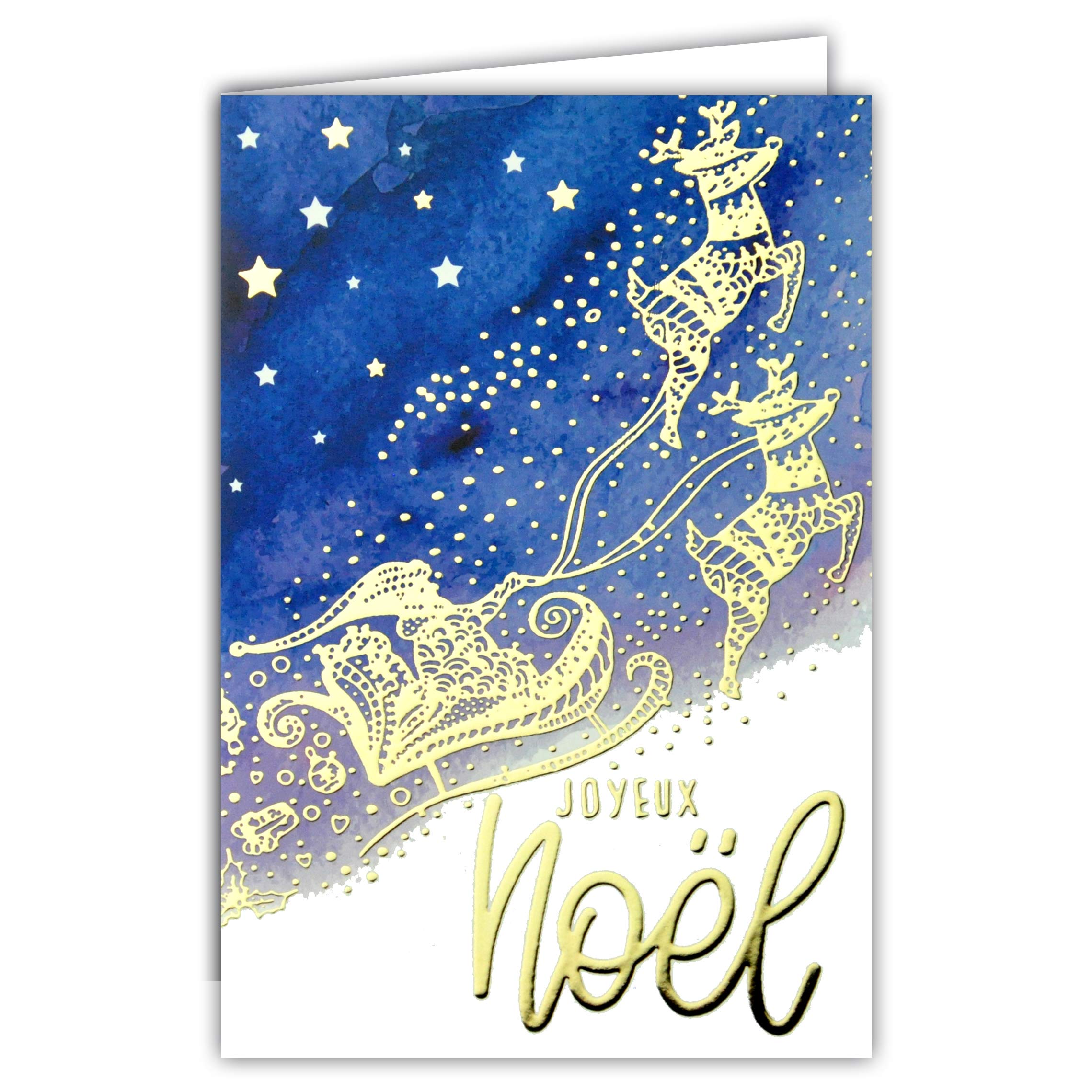 Afie Happy Christmas Card Santa's Sleigh Reindeer Sky Stars Gold Gold Gilding