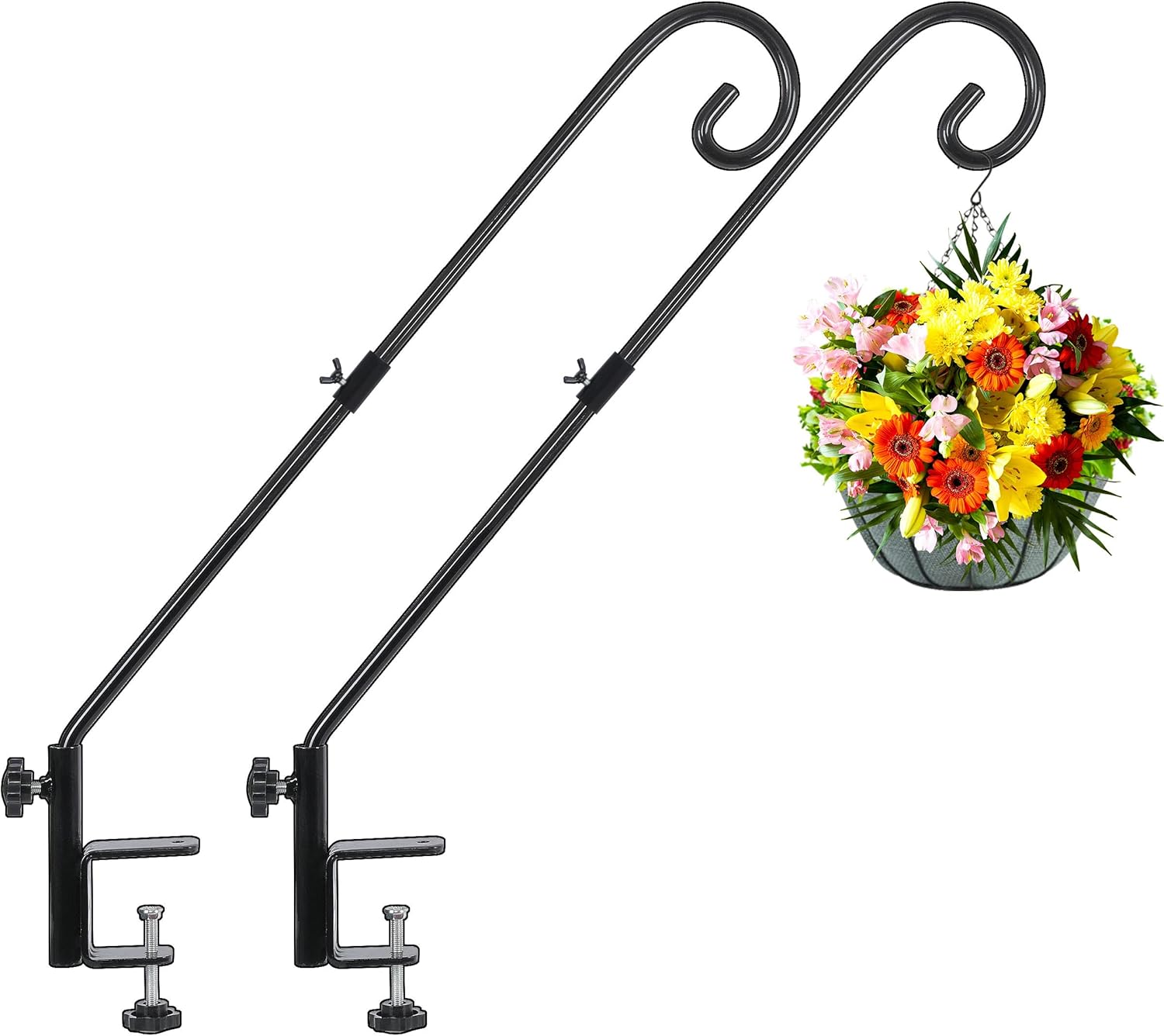 Outdoor Hanging Brackets - FEED GARDEN 31 Inch Heavy Duty Deck Hook for Railing 2 Pack, Non-Slip Clamp, 360 Degree Swivel, for Hanging Bird Feeders, Plants, Lanterns, Suet Baskets, Wind Chimes, Black