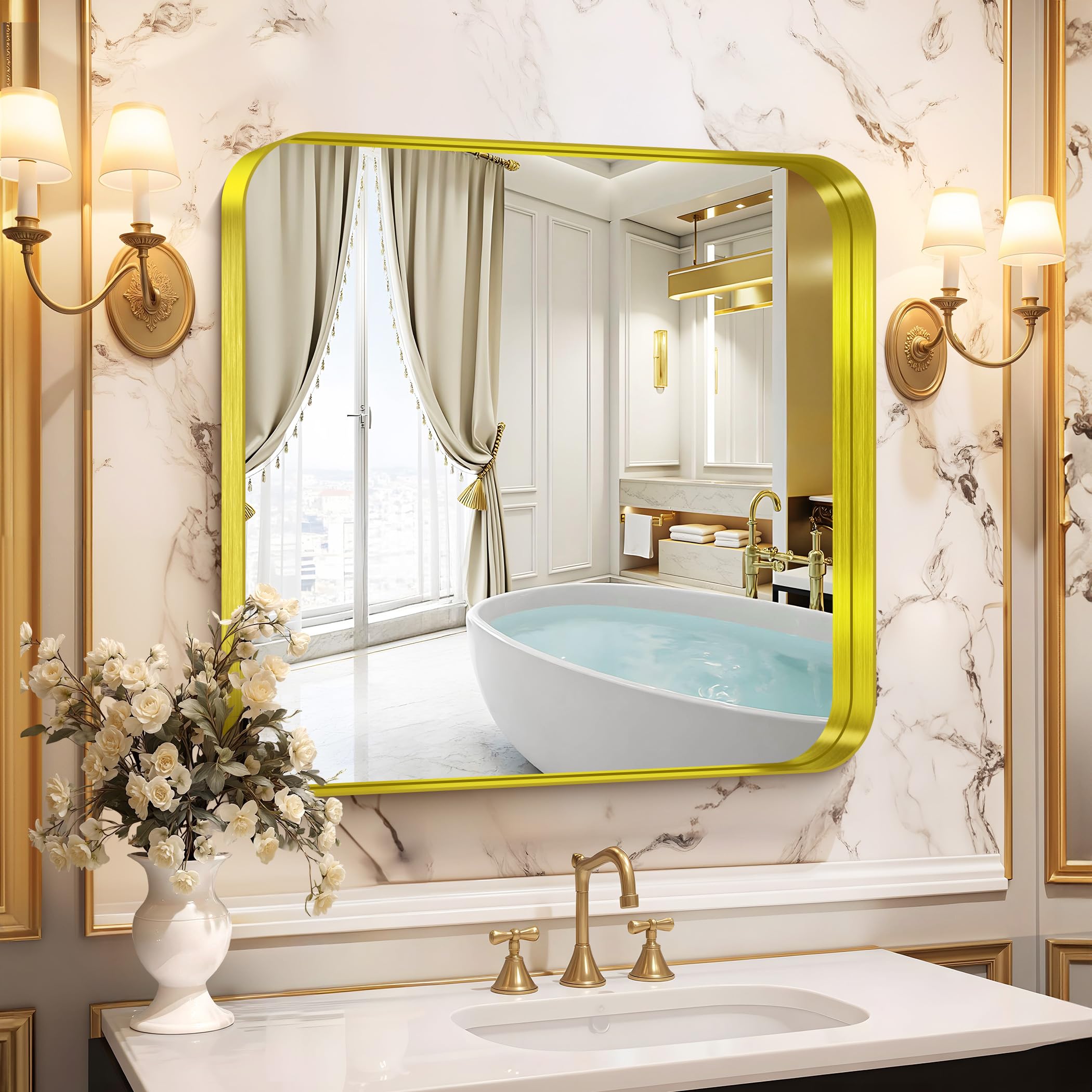 Photo 1 of CIRCUMI Gold Bathroom Mirror, 30"x30" Rectangular Mirror with Deep Metal Frame, Rounded Corner, Tempered Glass, Square Mirror for Wall, Oversink, Bedroom, Living Room, Vanity, Entryway, Crystal-Clear