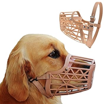 Sage Square Adjustable Strap Muzzle/Mouth Cover/Basket Cage/Pet Safety Collar for Dog, Puppy, Cat (Beige, Small)
