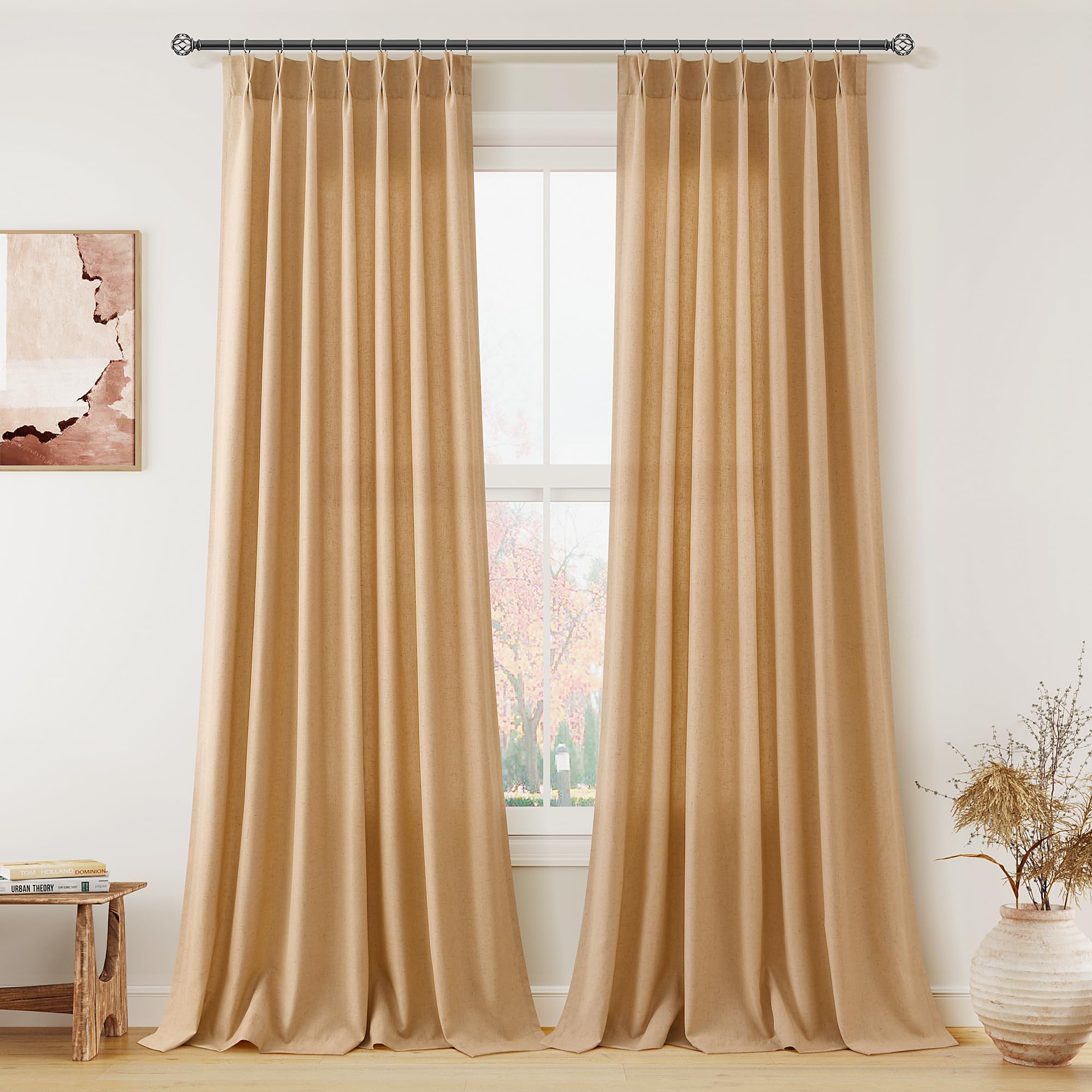 Aersas Camel Pinch Pleated Linen Curtains 96 Inches Length for Living Room Light Filtering Privacy Protection Window Drapes with Hooks for Sun Room Bedroom Semi Sheer Farmhouse Home Decor 40x96 Inch Image