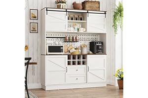 CHARTUSTRIABLE 75” Tall 63"W Extra Large Coffee Bar Cabinet w/Power Outlet,Pegboard,Large Farmhouse Kitchen Pantry Storage Hutch Cabinet,Microwave Shelf & Wine Rack,4 Barn Doors,2 Drawers, Dining Room,White