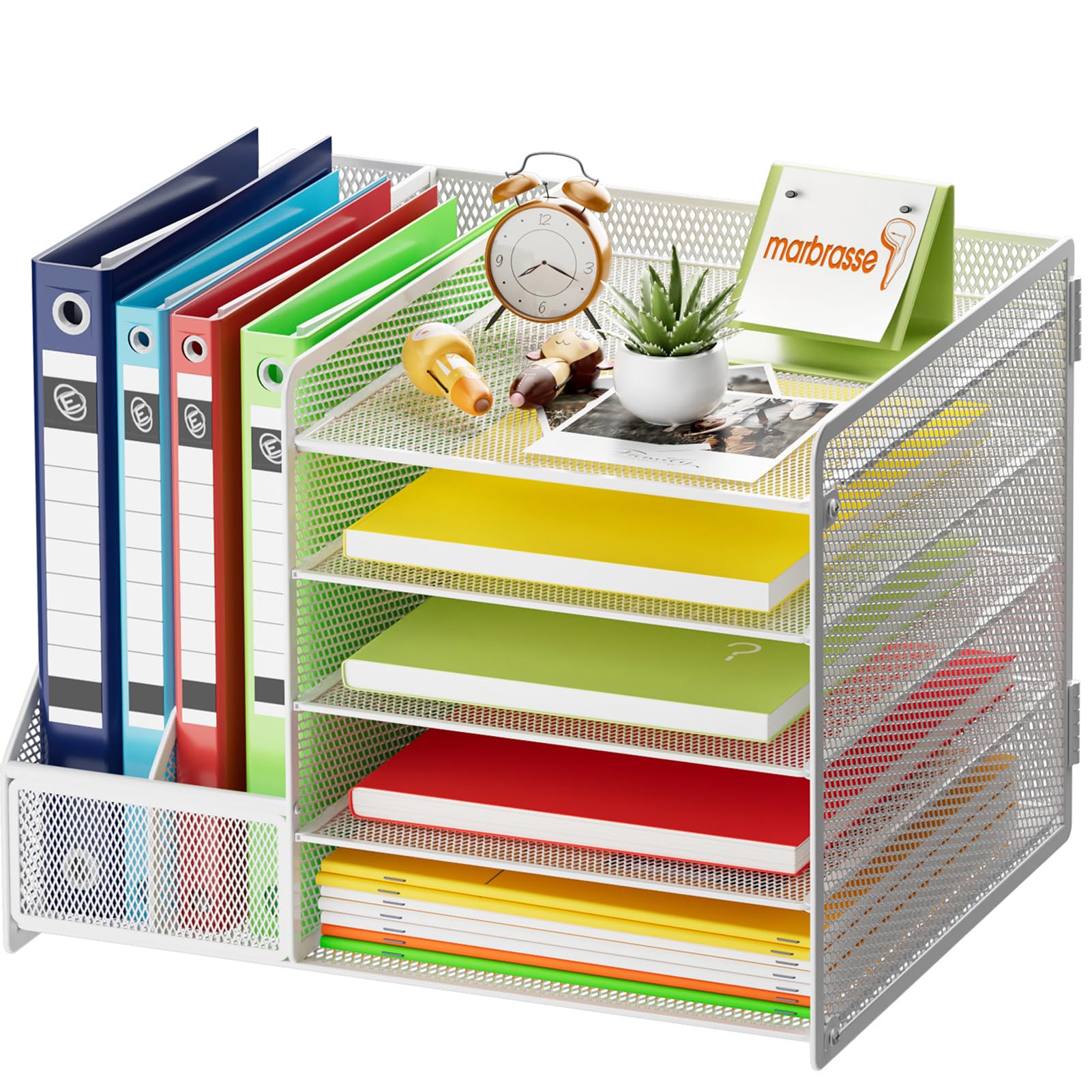 Photo 1 of Marbrasse Desk Organizer with File Holder, 5-Tier Paper Letter Tray, Mesh Desk Organizers and Accessories with Magazine Holder, Desktop Organizer and Storage for Office Supplies (White)