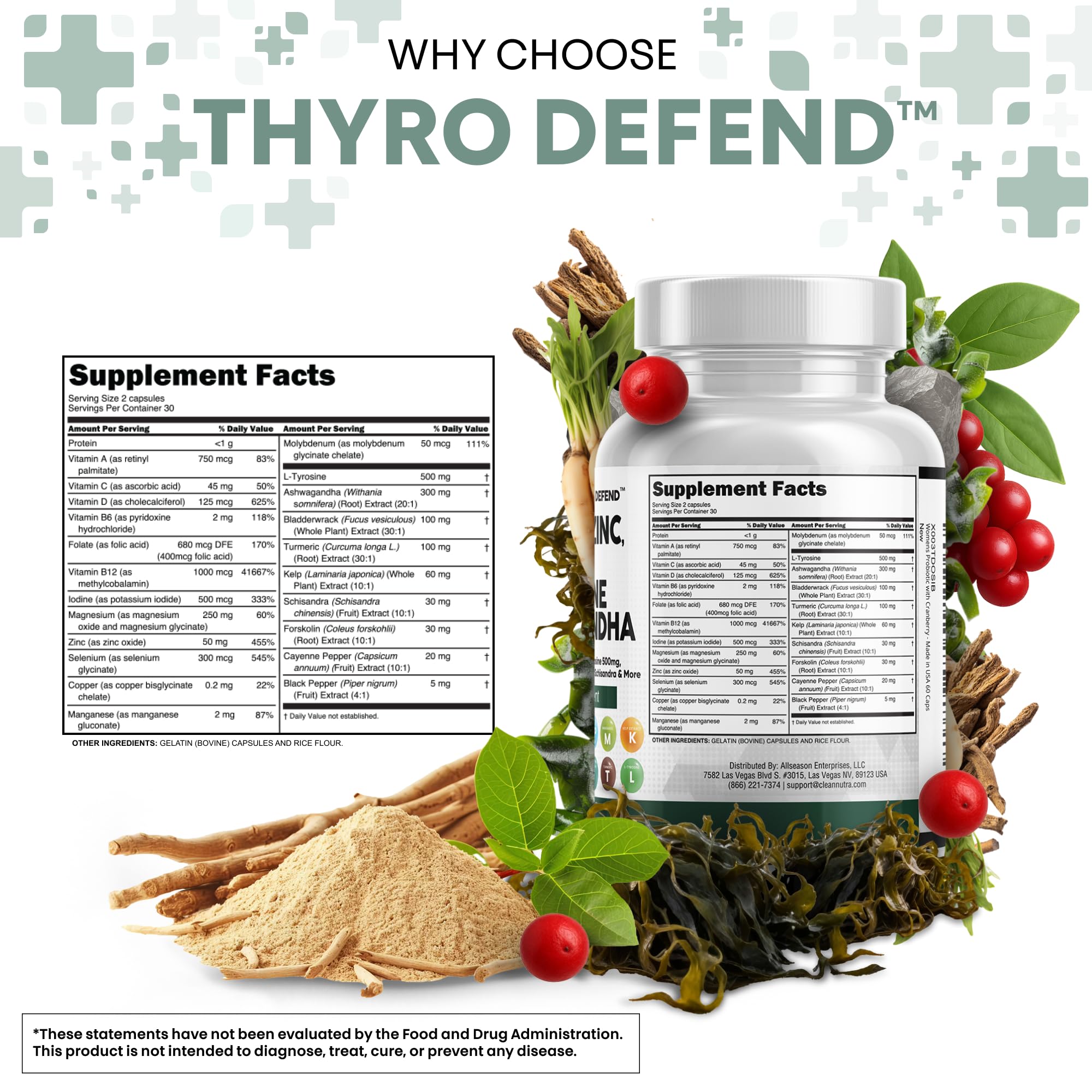 Clean Nutra Selenium 300mcg Iodine 500mcg Thyroid Support for Women & Men | L Tyrosine 500mg Ashwagandha Supplement Bladderwrack, Turmeric, Kelp, Schisandra Zinc Pills Capsule Supplements