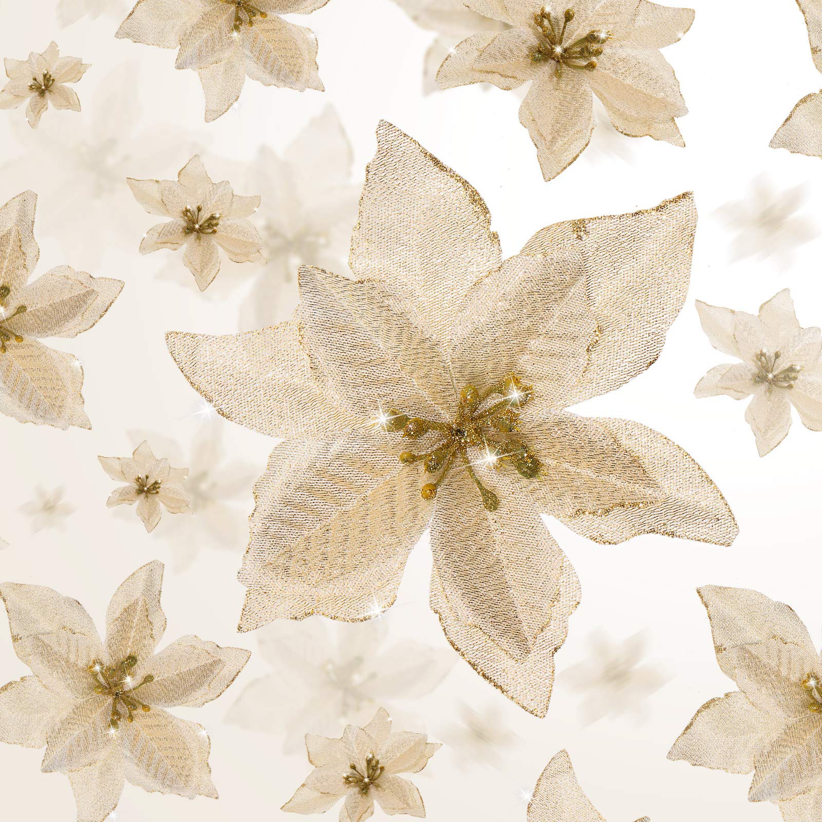 WILLBOND 48 Pieces Christmas Glitter Poinsettia Artificial Glitter Poinsettia Christmas Tree Flowers Ornaments Wedding Party Decoration, 4 Sizes, 3.2/4/6/8.7 Inches