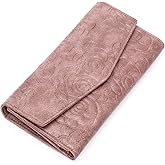 GOIACII Women's Wallet RFID Blocking Credit Card Holder Ladies Clutch Purse with Zipper Coin Pocket Embossed Flower Pink