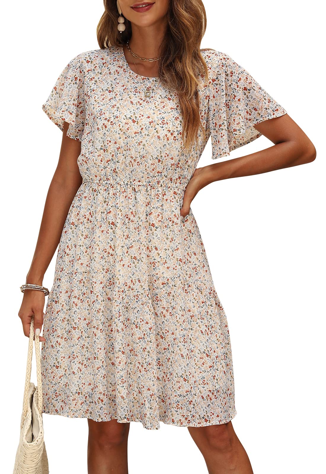 Photo 1 of Manydress Women's Chiffon Floral Dresses Casual Summer Boho Flutter Sleeve Flowy Skater Western Dress MY112 (Beige Print, M)