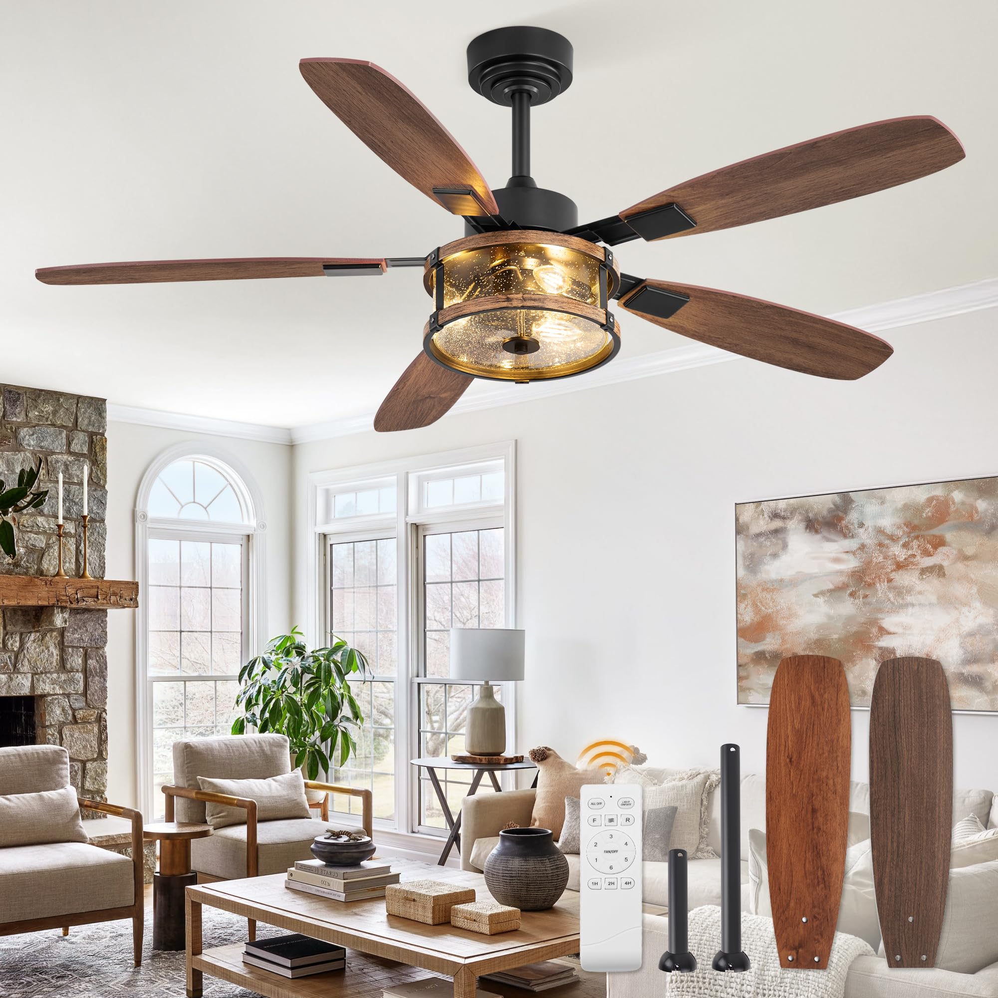 Photo 1 of Farmhouse Ceiling Fan with Light and Remote, 52" Black Rustic Flush Mount Ceiling Fans for Bedroom Living Room, Industrial Caged Ceiling Fan for 6 Speed Reversible Motor, 5 Dual Blades